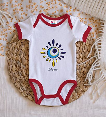 BK Kids Kişiye Özel Nazar Boncuğu Tasarımlı Kırmızı Bebek Body Zıbın-4