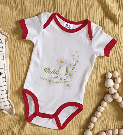 BK Kids Kişiye Özel Papatya Temalı Kırmızı Bebek Body Zıbın-1