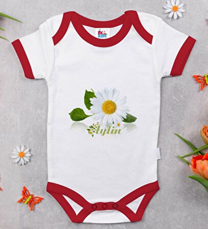 BK Kids Kişiye Özel Papatya Temalı Kırmızı Bebek Body Zıbın-4