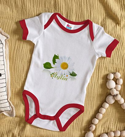 BK Kids Kişiye Özel Papatya Temalı Kırmızı Bebek Body Zıbın-4