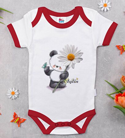 BK Kids Kişiye Özel Papatya Temalı Kırmızı Bebek Body Zıbın-9