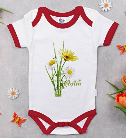 BK Kids Kişiye Özel Papatya Temalı Kırmızı Bebek Body Zıbın-11