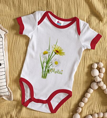 BK Kids Kişiye Özel Papatya Temalı Kırmızı Bebek Body Zıbın-11