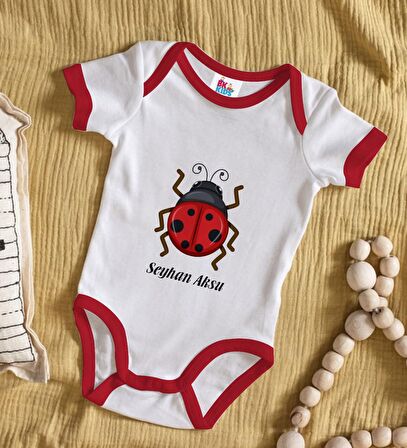 BK Kids Kişiye Özel Uğur Böceği Tasarımlı Kırmızı Bebek Body Zıbın-1