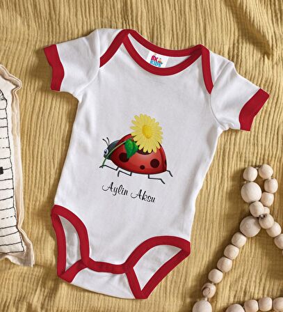 BK Kids Kişiye Özel Uğur Böceği Tasarımlı Kırmızı Bebek Body Zıbın-2