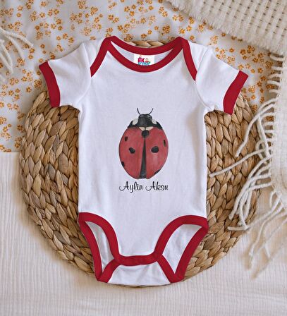 BK Kids Kişiye Özel Uğur Böceği Tasarımlı Kırmızı Bebek Body Zıbın-3