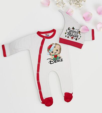 BK Gift Kişiye Özel Yılbaşı Temalı Tulum Zıbın ve Kukuletalı Şapka Seti-2