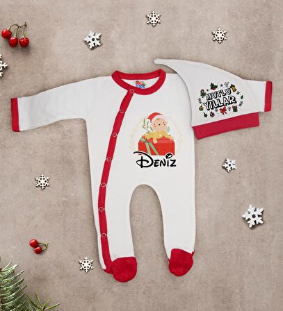BK Gift Kişiye Özel Yılbaşı Temalı Tulum Zıbın ve Kukuletalı Şapka Seti-3