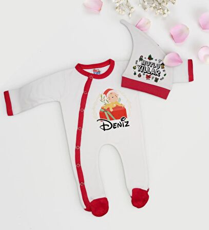BK Gift Kişiye Özel Yılbaşı Temalı Tulum Zıbın ve Kukuletalı Şapka Seti-3
