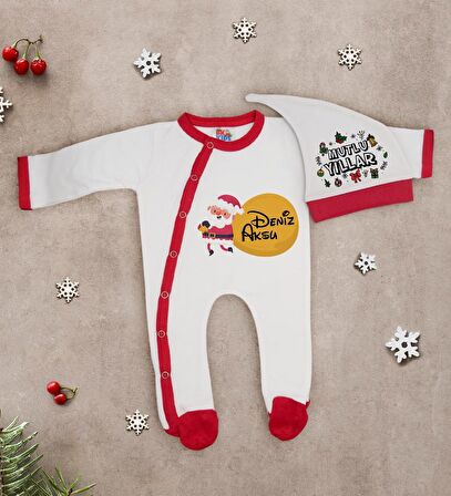 BK Gift Kişiye Özel Yılbaşı Temalı Tulum Zıbın ve Kukuletalı Şapka Seti-4