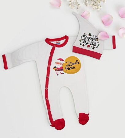 BK Gift Kişiye Özel Yılbaşı Temalı Tulum Zıbın ve Kukuletalı Şapka Seti-4