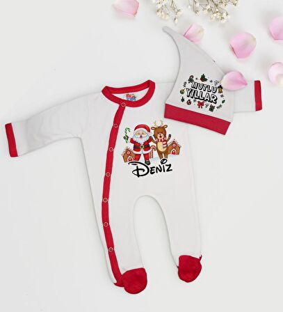 BK Gift Kişiye Özel Yılbaşı Temalı Tulum Zıbın ve Kukuletalı Şapka Seti-5