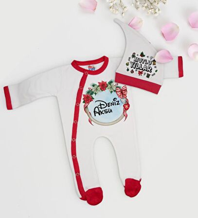 BK Gift Kişiye Özel Yılbaşı Temalı Tulum Zıbın ve Kukuletalı Şapka Seti-6