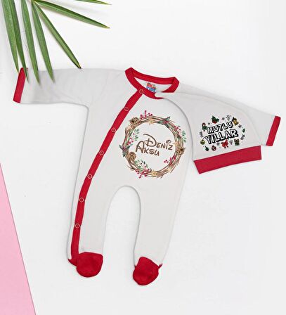 BK Gift Kişiye Özel Yılbaşı Temalı Tulum Zıbın ve Kukuletalı Şapka Seti-7