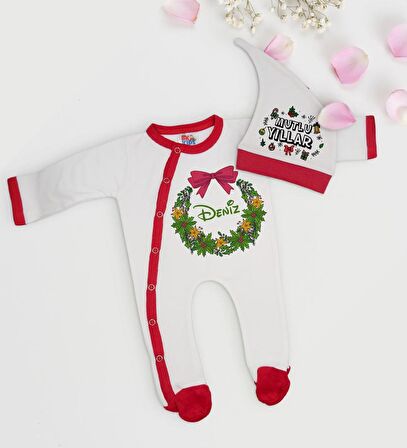 BK Gift Kişiye Özel Yılbaşı Temalı Tulum Zıbın ve Kukuletalı Şapka Seti-9