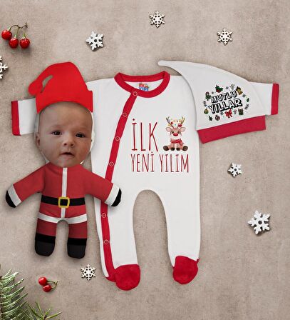 BK Gift Kişiye Özel Yılbaşı Temalı Tulum Zıbın Kukuletalı Şapka ve Bebek Yastık Hediye Seti-1