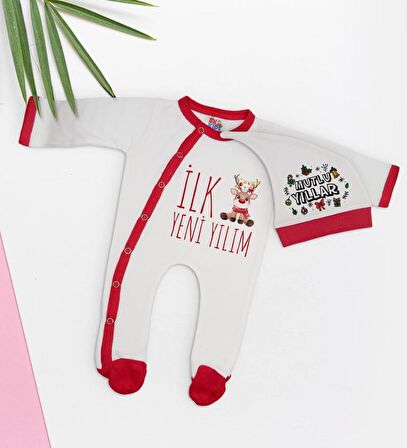 BK Gift Kişiye Özel Yılbaşı Temalı Tulum Zıbın Kukuletalı Şapka ve Bebek Yastık Hediye Seti-1