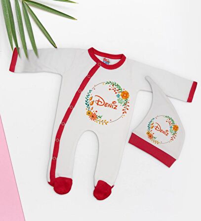 BK Kids Kişiye Özel Çiçek Tasarımlı Kırmızı Tulum Zıbın ve Kukuletalı Şapka Seti-1