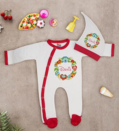 BK Kids Kişiye Özel Çiçek Tasarımlı Kırmızı Tulum Zıbın ve Kukuletalı Şapka Seti-2