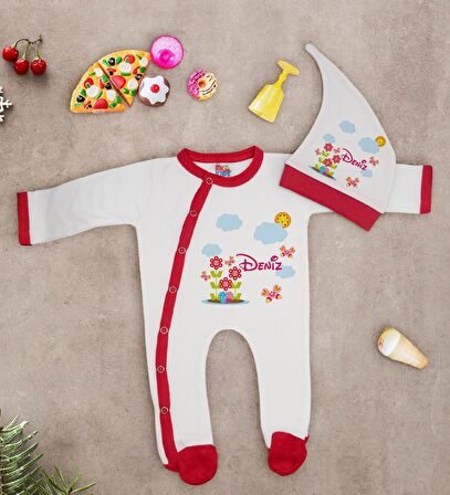 BK Kids Kişiye Özel Çiçek Tasarımlı Kırmızı Tulum Zıbın ve Kukuletalı Şapka Seti-3