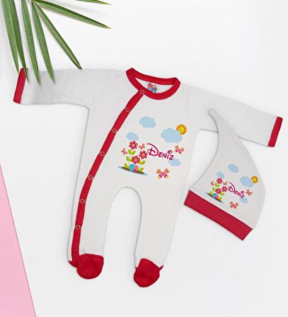 BK Kids Kişiye Özel Çiçek Tasarımlı Kırmızı Tulum Zıbın ve Kukuletalı Şapka Seti-3