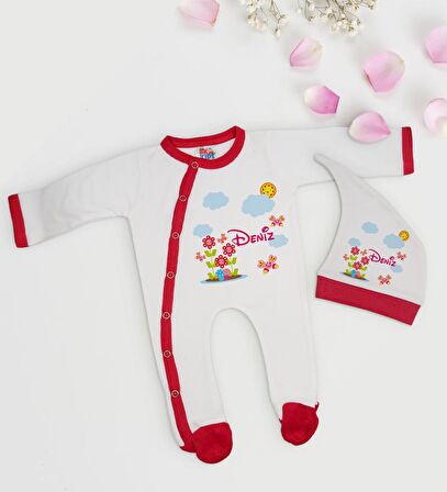 BK Kids Kişiye Özel Çiçek Tasarımlı Kırmızı Tulum Zıbın ve Kukuletalı Şapka Seti-3