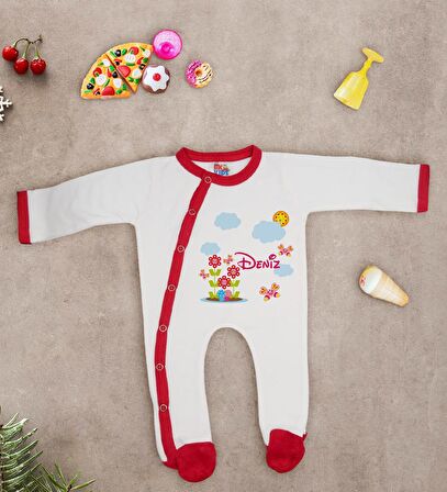 BK Kids Kişiye Özel Çiçek Tasarımlı Kırmızı Tulum Zıbın ve Kukuletalı Şapka Seti-3