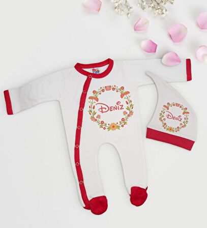 BK Kids Kişiye Özel Çiçek Tasarımlı Kırmızı Tulum Zıbın ve Kukuletalı Şapka Seti-4