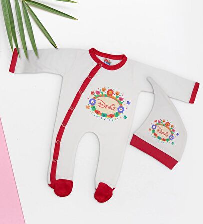 BK Kids Kişiye Özel Çiçek Tasarımlı Kırmızı Tulum Zıbın ve Kukuletalı Şapka Seti-5