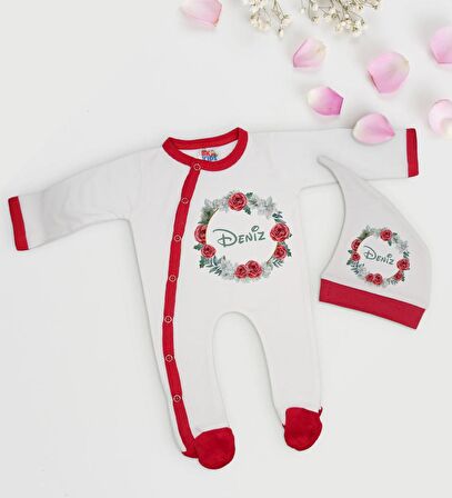 BK Kids Kişiye Özel Çiçek Tasarımlı Kırmızı Tulum Zıbın ve Kukuletalı Şapka Seti-7