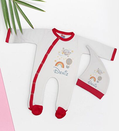 BK Kids Kişiye Özel İsimli Kırmızı Tulum Zıbın ve Kukuletalı Şapka Seti-1