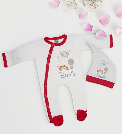 BK Kids Kişiye Özel İsimli Kırmızı Tulum Zıbın ve Kukuletalı Şapka Seti-1