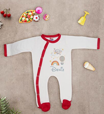 BK Kids Kişiye Özel İsimli Kırmızı Tulum Zıbın ve Kukuletalı Şapka Seti-1