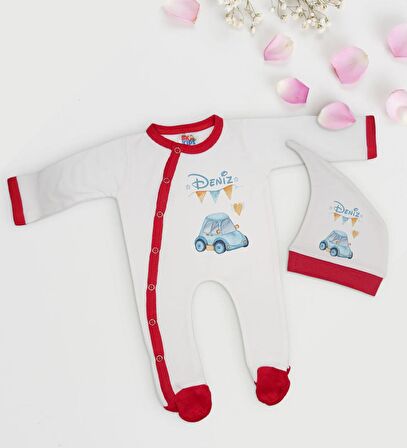 BK Kids Kişiye Özel İsimli Kırmızı Tulum Zıbın ve Kukuletalı Şapka Seti-2