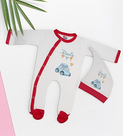 BK Kids Kişiye Özel İsimli Kırmızı Tulum Zıbın ve Kukuletalı Şapka Seti-2