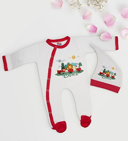 BK Kids Kişiye Özel Sevimli Hayvanlar Tasarımlı Kırmızı Tulum Zıbın ve Kukuletalı Şapka Seti-1