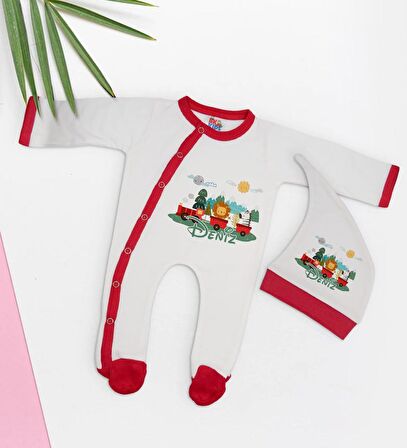 BK Kids Kişiye Özel Sevimli Hayvanlar Tasarımlı Kırmızı Tulum Zıbın ve Kukuletalı Şapka Seti-1