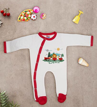 BK Kids Kişiye Özel Sevimli Hayvanlar Tasarımlı Kırmızı Tulum Zıbın ve Kukuletalı Şapka Seti-1