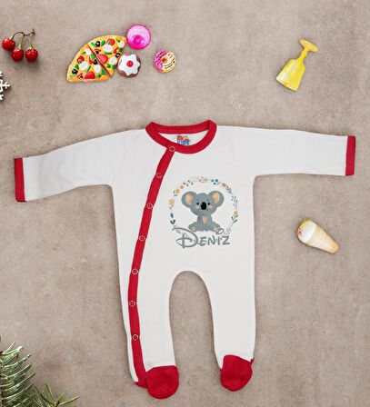 BK Kids Kişiye Özel Sevimli Koala Tasarımlı Kırmızı Tulum Zıbın ve Kukuletalı Şapka Seti-1
