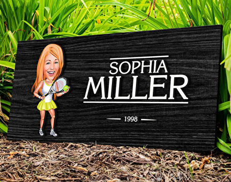 BK Gift Kişiye Özel Kadın Tenis Oyuncusu Karikatürlü Kabartma Figürlü Ahşap Tablo, Duvar Dekoru, Arkadaşa Hediye, Özel Tasarım Ev Hediyesi-1