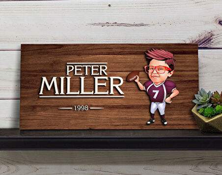 BK Gift Kişiye Özel Çocuk Amerikan Futbol Karikatürlü Kabartma Figürlü Ahşap Tablo, Duvar Dekoru, Arkadaşa Hediye, Özel Tasarım Ev Hediyesi-1