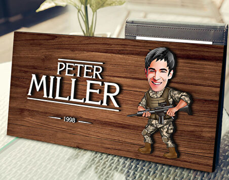 BK Gift Kişiye Özel Asker Karikatürlü Kabartma Figürlü Ahşap Tablo, Duvar Dekoru, Arkadaşa Hediye, Özel Tasarım Ev Hediyesi-1