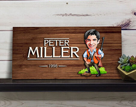 BK Gift Kişiye Özel Avcı Karikatürlü Kabartma Figürlü Ahşap Tablo, Duvar Dekoru, Arkadaşa Hediye, Özel Tasarım Ev Hediyesi-1