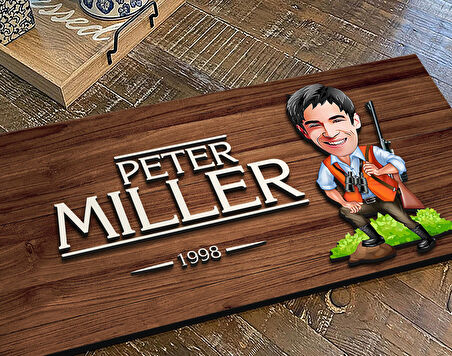 BK Gift Kişiye Özel Avcı Karikatürlü Kabartma Figürlü Ahşap Tablo, Duvar Dekoru, Arkadaşa Hediye, Özel Tasarım Ev Hediyesi-1