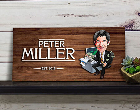 BK Gift Kişiye Özel Erkek Bankacı Karikatürlü Kabartma Figürlü Ahşap Tablo, Duvar Dekoru, Arkadaşa Hediye, Özel Tasarım Ev Hediyesi-1