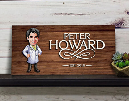 BK Gift Kişiye Özel Erkek Doktor Karikatürlü Kabartma Figürlü Ahşap Tablo, Duvar Dekoru, Arkadaşa Hediye, Özel Tasarım Ev Hediyesi-1