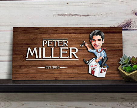 BK Gift Kişiye Özel Erkek Emlakçı Karikatürlü Kabartma Figürlü Ahşap Tablo, Duvar Dekoru, Arkadaşa Hediye, Özel Tasarım Ev Hediyesi-1