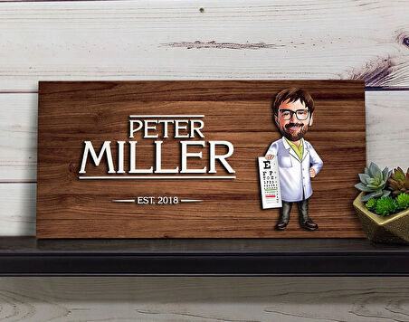 BK Gift Kişiye Özel Erkek Göz Doktoru Karikatürlü Kabartma Figürlü Ahşap Tablo, Duvar Dekoru, Arkadaşa Hediye, Özel Tasarım Ev Hediyesi-1