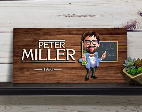 BK Gift Kişiye Özel Erkek Kimya Öğretmeni Karikatürlü Kabartma Figürlü Ahşap Tablo, Duvar Dekoru, Arkadaşa Hediye, Özel Tasarım Ev Hediyesi-1