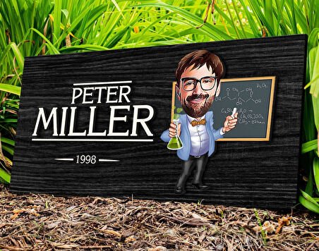 BK Gift Kişiye Özel Erkek Kimya Öğretmeni Karikatürlü Kabartma Figürlü Ahşap Tablo, Duvar Dekoru, Arkadaşa Hediye, Özel Tasarım Ev Hediyesi-1